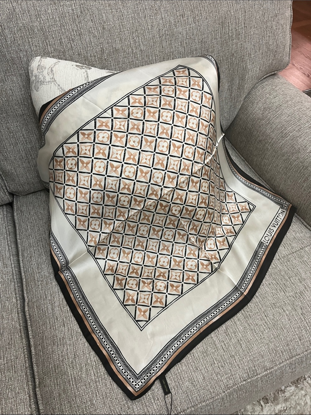 Luxury Beige and Tan Patterned Silk Scarf